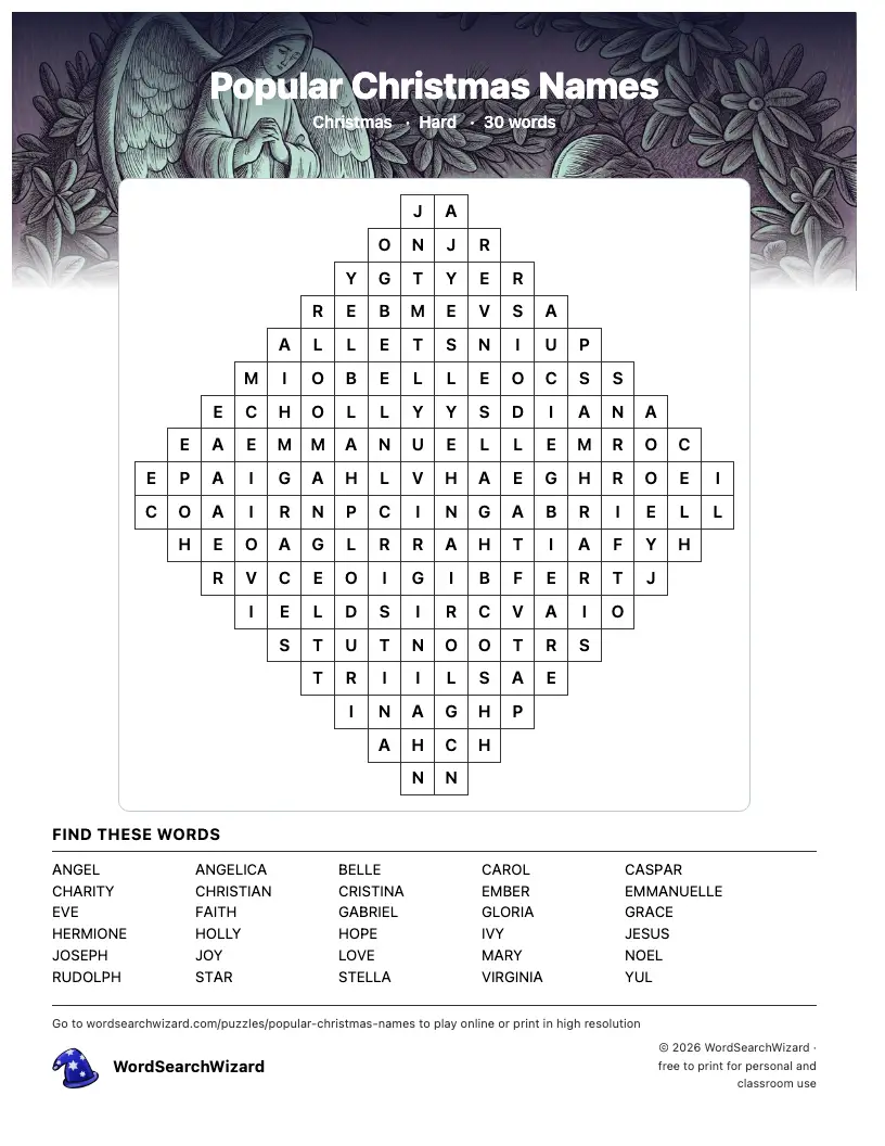 Popular Christmas Names word search printable sheet, 30 words to find