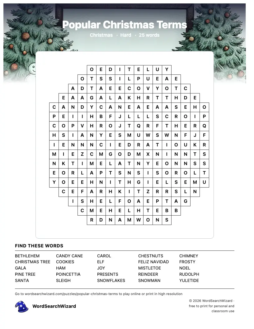 Popular Christmas Terms word search printable sheet, 25 words to find