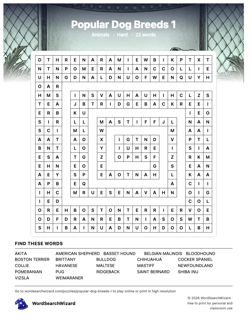 Popular Dog Breeds 1 word search printable sheet, 22 words to find