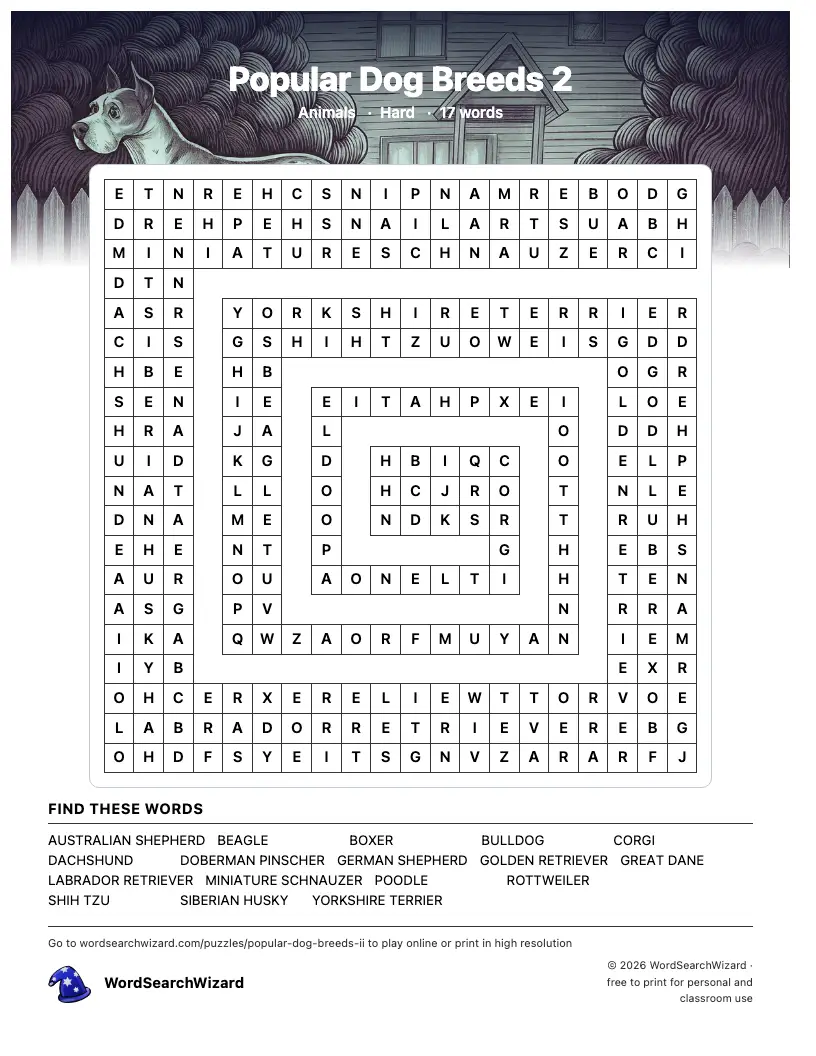 Popular Dog Breeds 2 word search printable sheet, 17 words to find