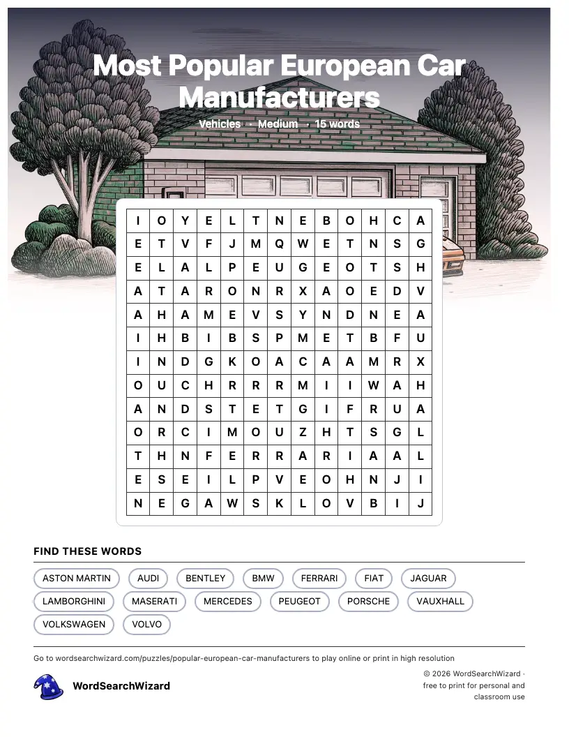 Most Popular European Car Manufacturers word search printable sheet, 15 words to find