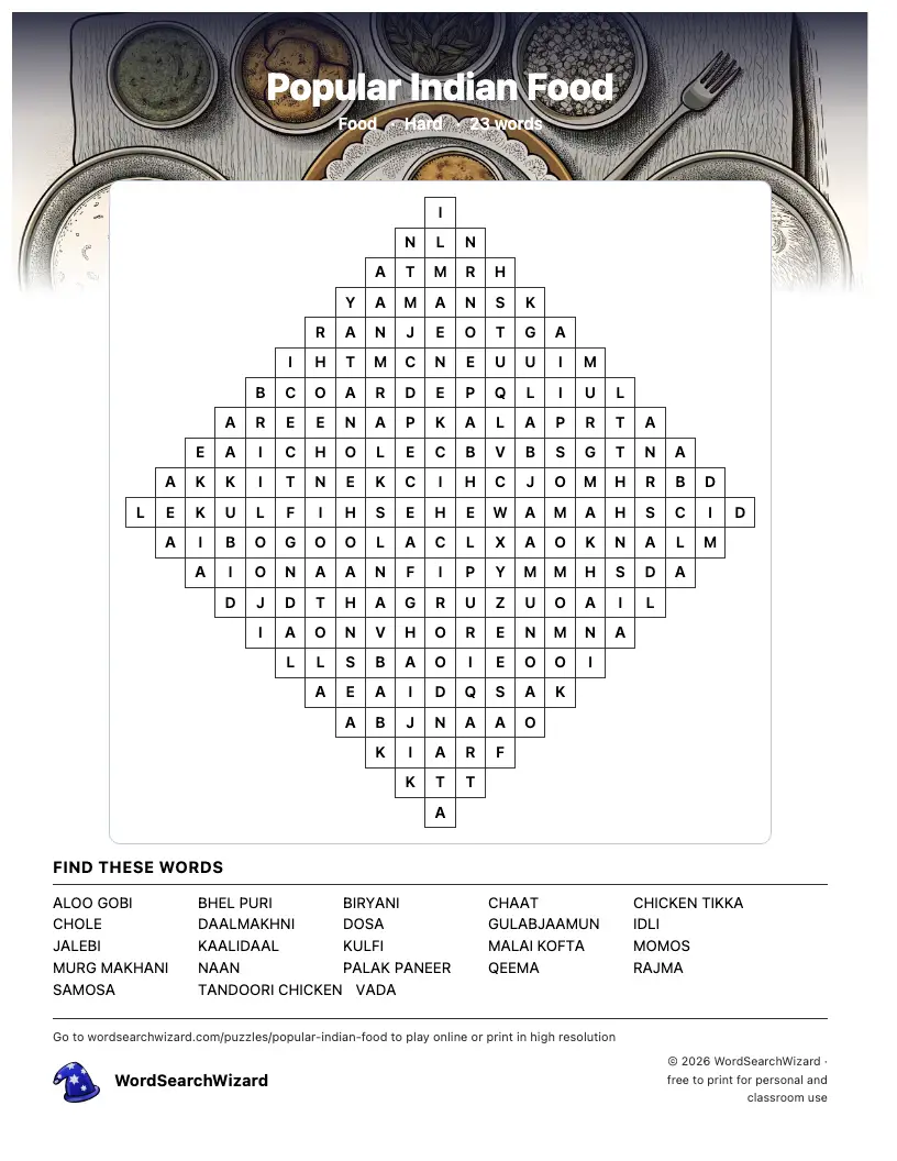 Popular Indian Food word search printable sheet, 23 words to find
