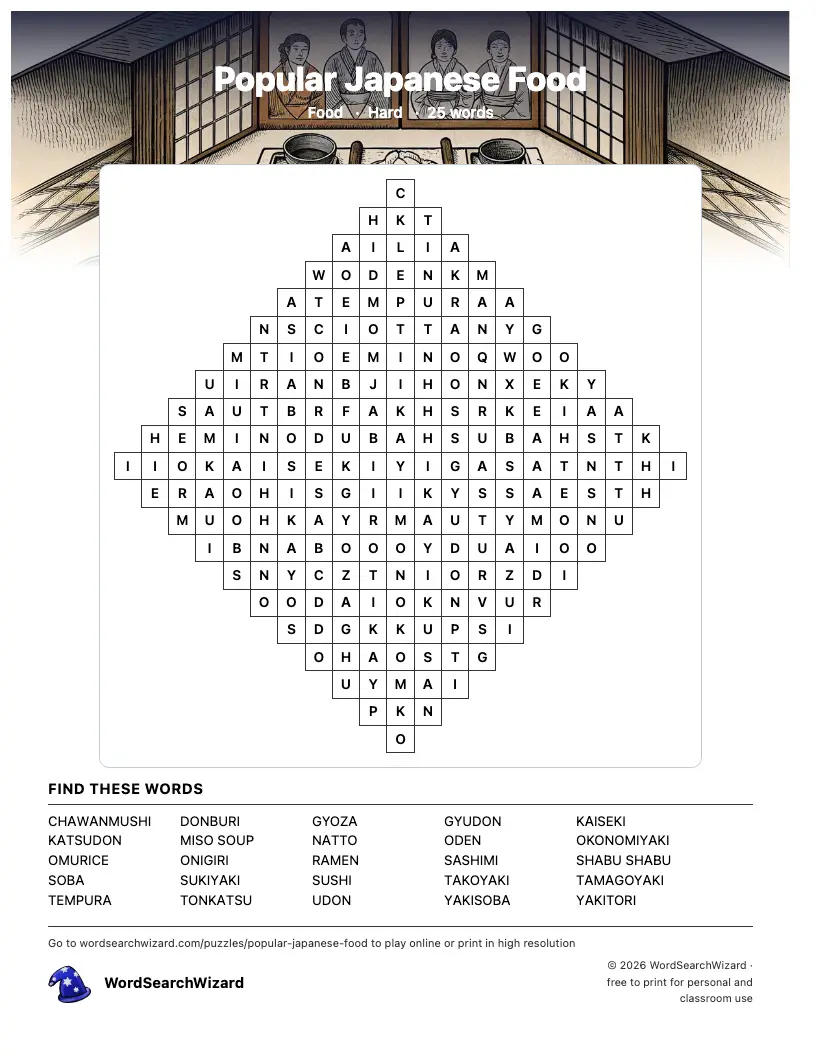 Popular Japanese Food word search printable sheet, 25 words to find
