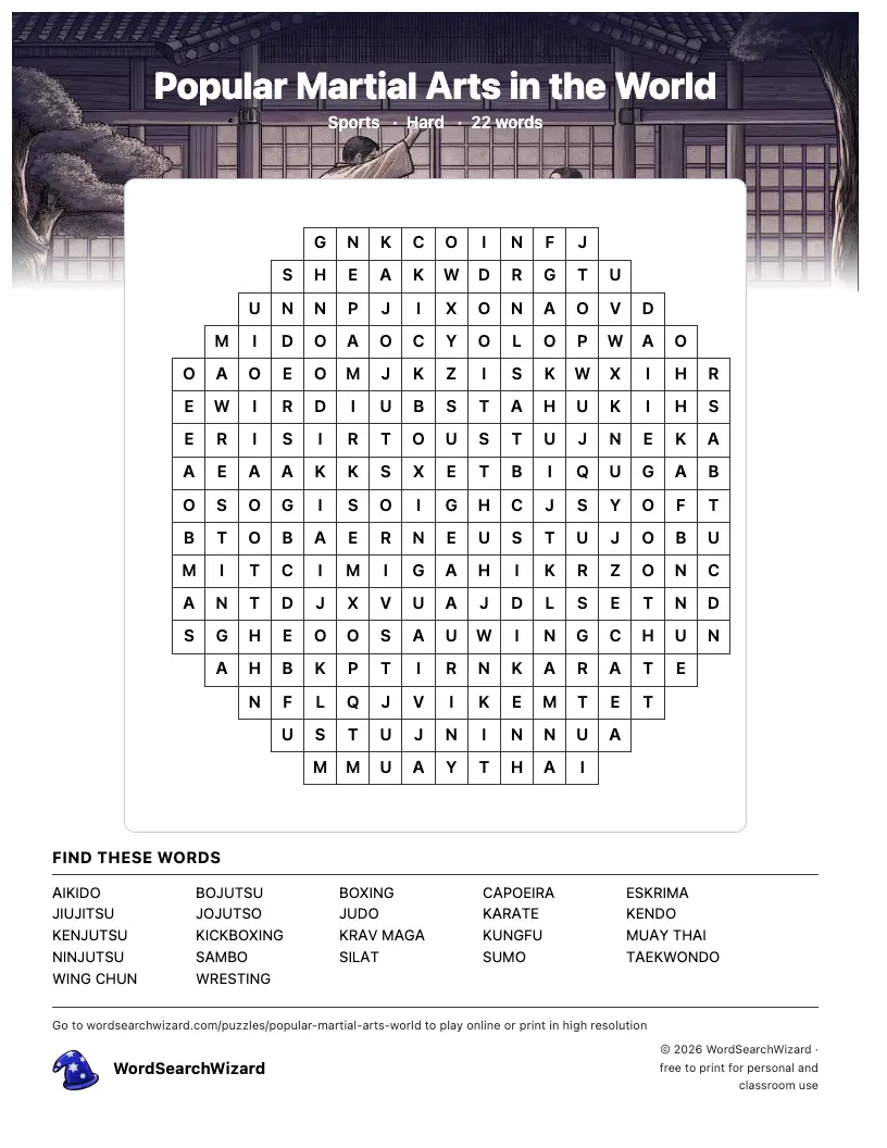 Popular Martial Arts in the World word search printable sheet, 22 words to find