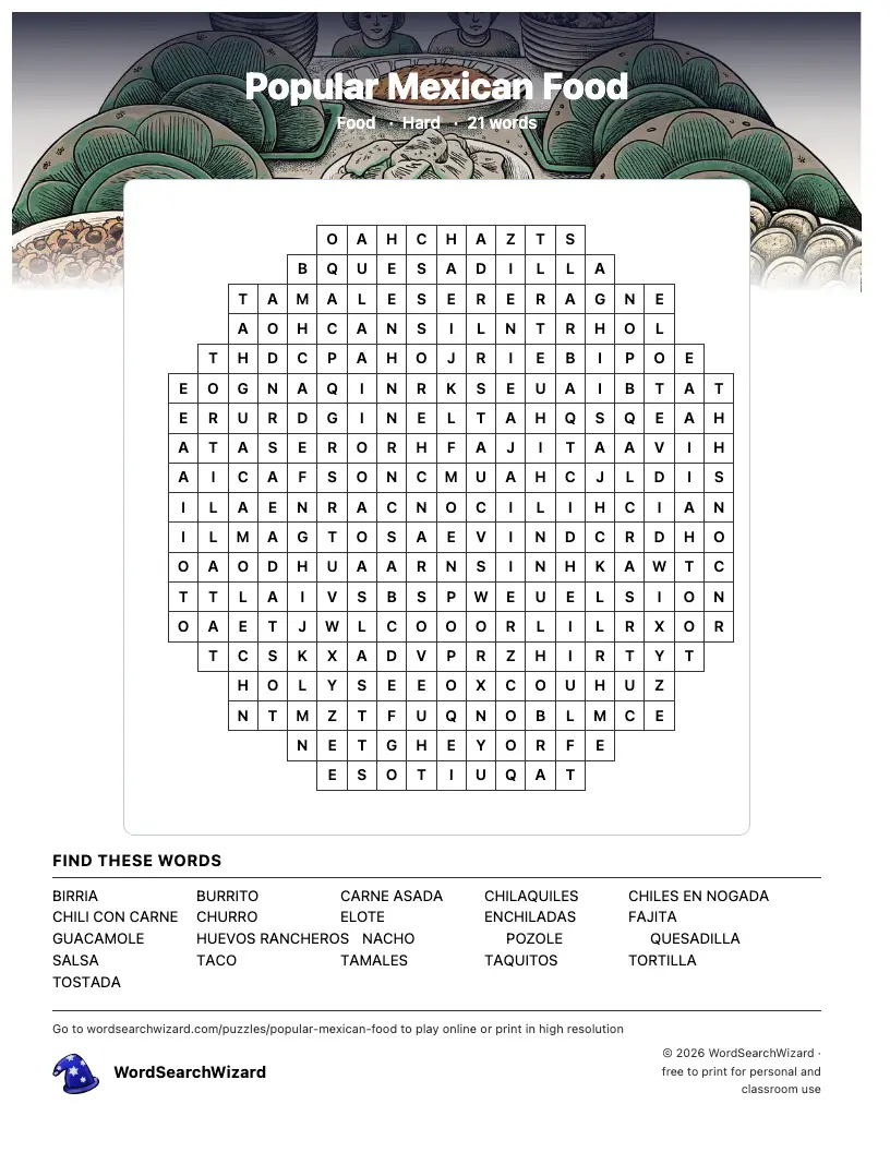 Popular Mexican Food word search printable sheet, 21 words to find