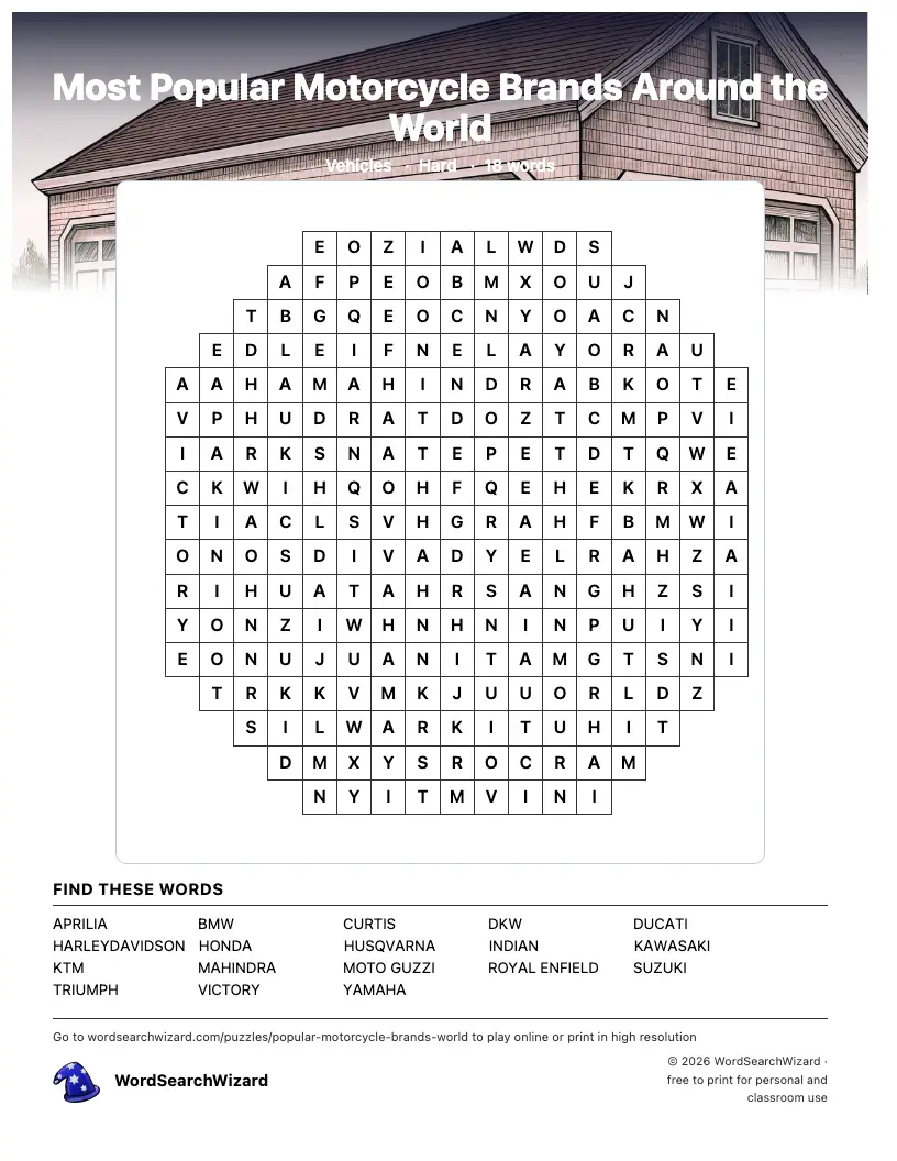 Most Popular Motorcycle Brands Around the World word search printable sheet, 18 words to find