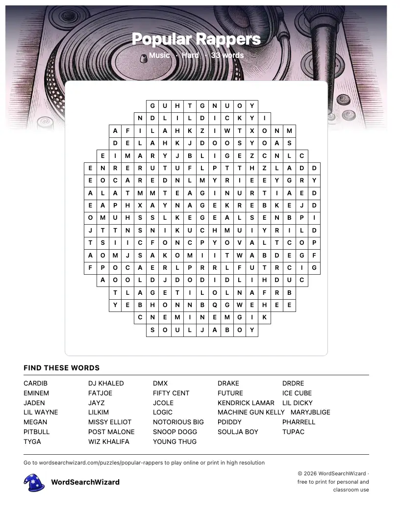 Popular Rappers word search printable sheet, 33 words to find