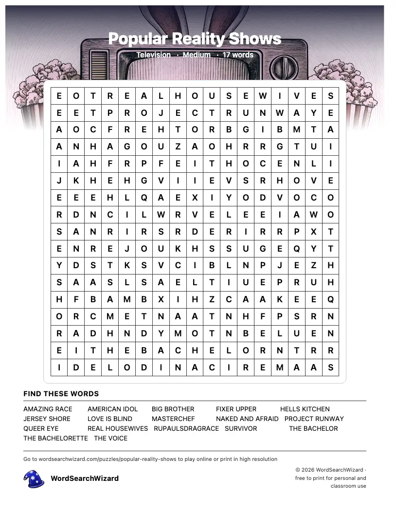 Popular Reality Shows word search printable sheet, 17 words to find