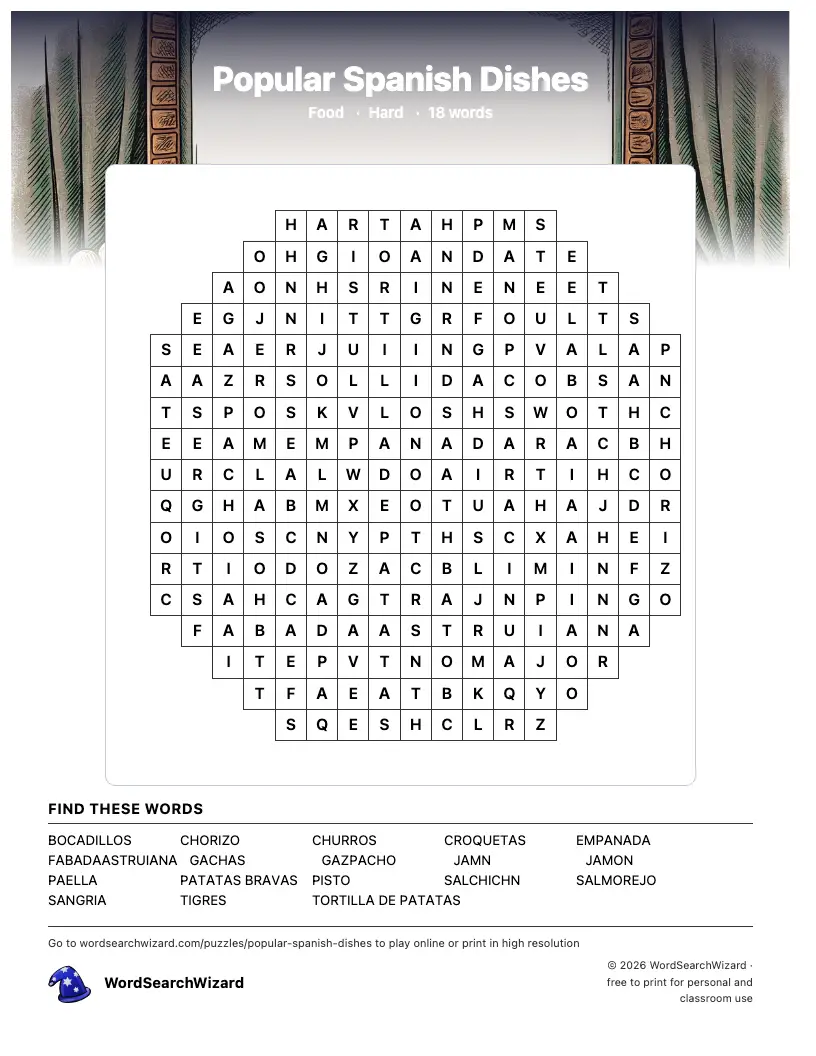 Popular Spanish Dishes word search printable sheet, 18 words to find