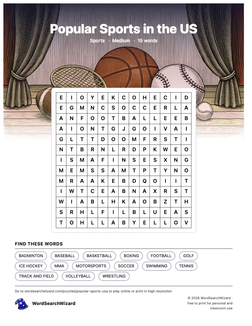Popular Sports in the US word search printable sheet, 15 words to find