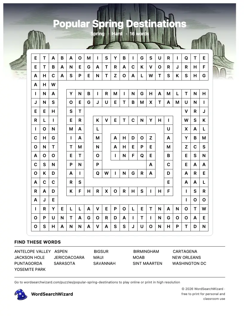 Popular Spring Destinations word search printable sheet, 16 words to find