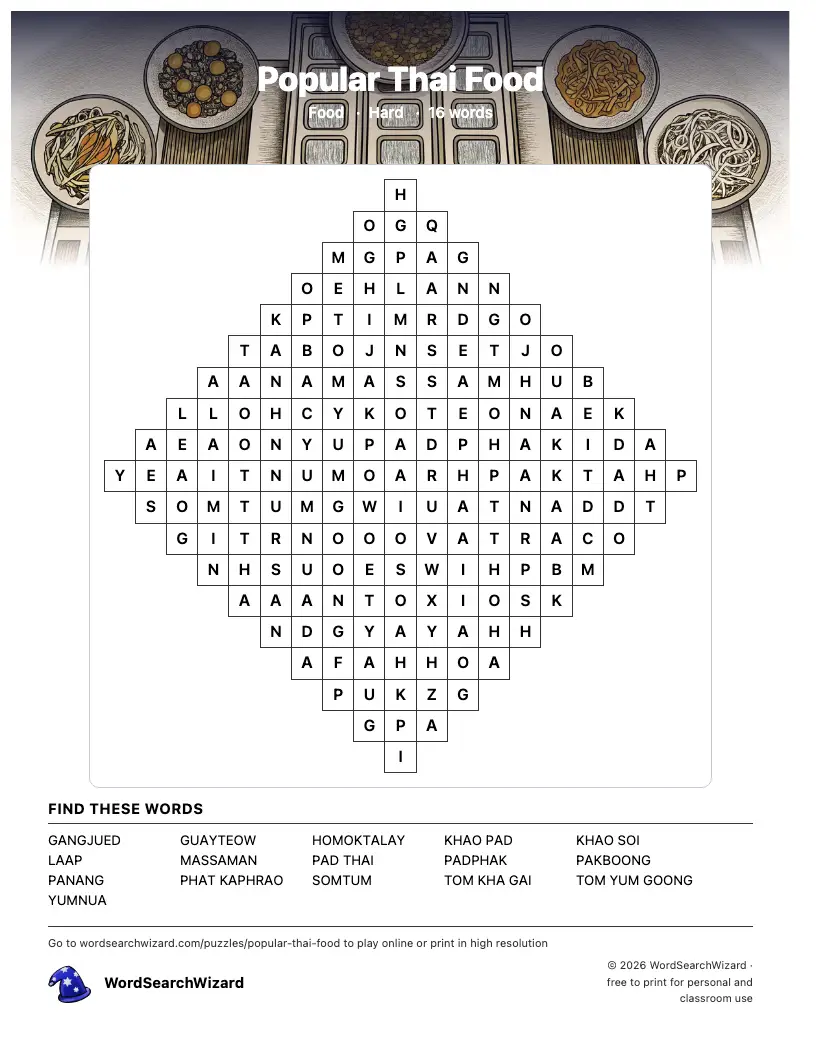 Popular Thai Food word search printable sheet, 16 words to find