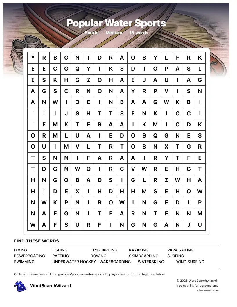 Popular Water Sports word search printable sheet, 15 words to find