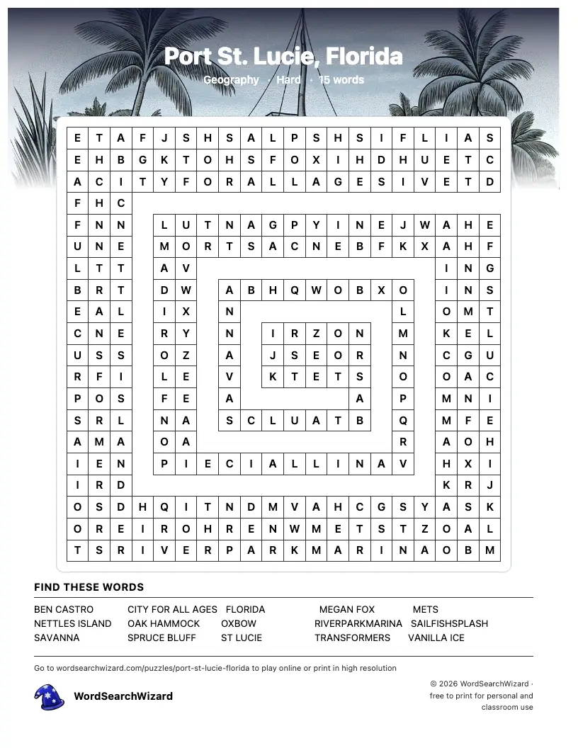Port St. Lucie, Florida word search printable sheet, 15 words to find