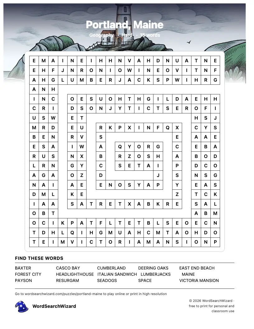 Portland, Maine word search printable sheet, 15 words to find