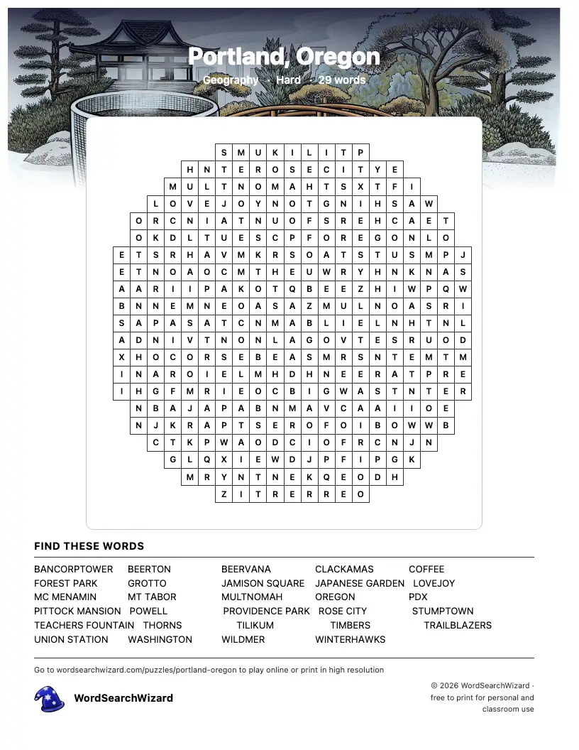 Portland, Oregon word search printable sheet, 29 words to find