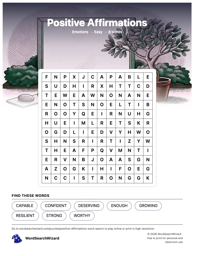 Positive Affirmations word search printable sheet, 8 words to find