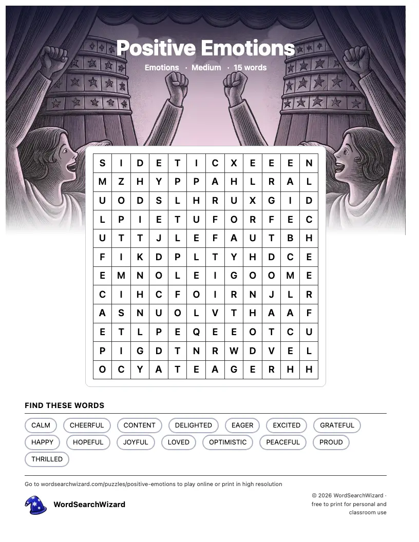 Positive Emotions word search printable sheet, 15 words to find