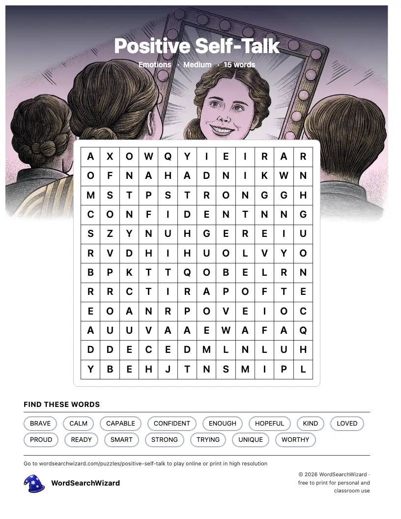 Positive Self-Talk word search printable sheet, 15 words to find