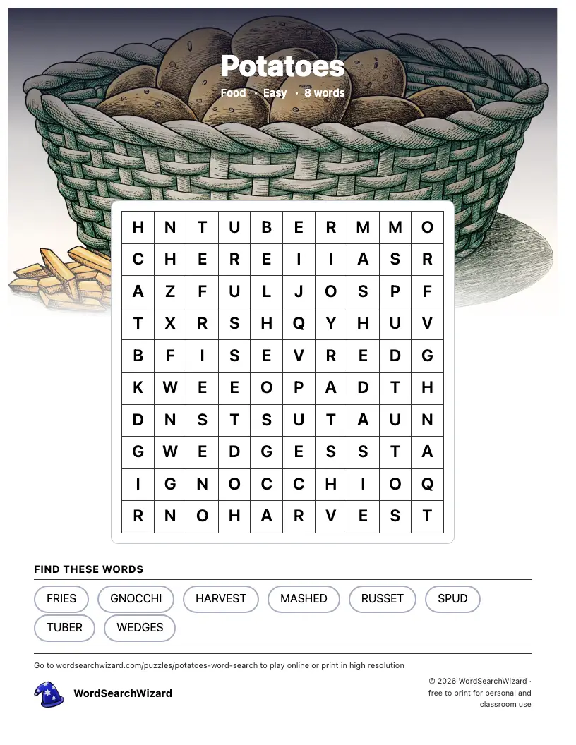 Potatoes word search printable sheet, 8 words to find