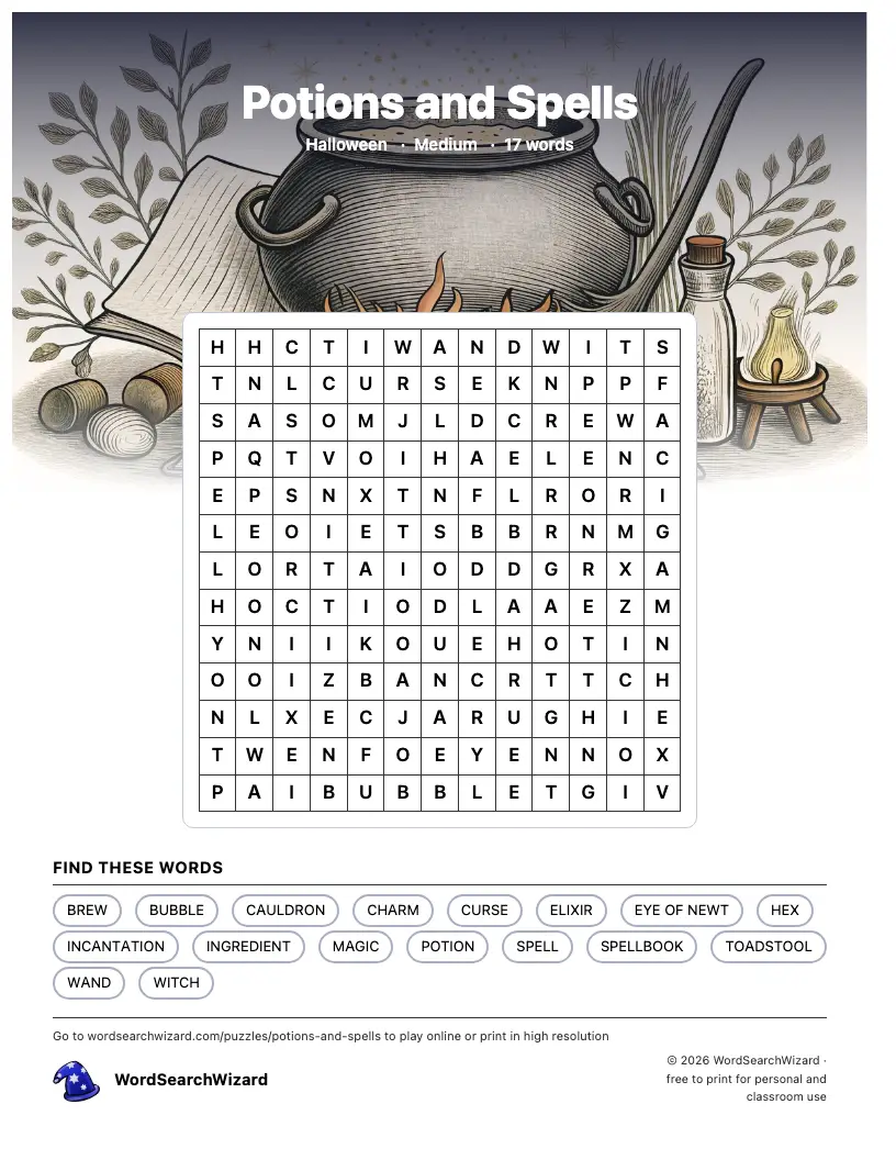 Potions and Spells word search printable sheet, 17 words to find
