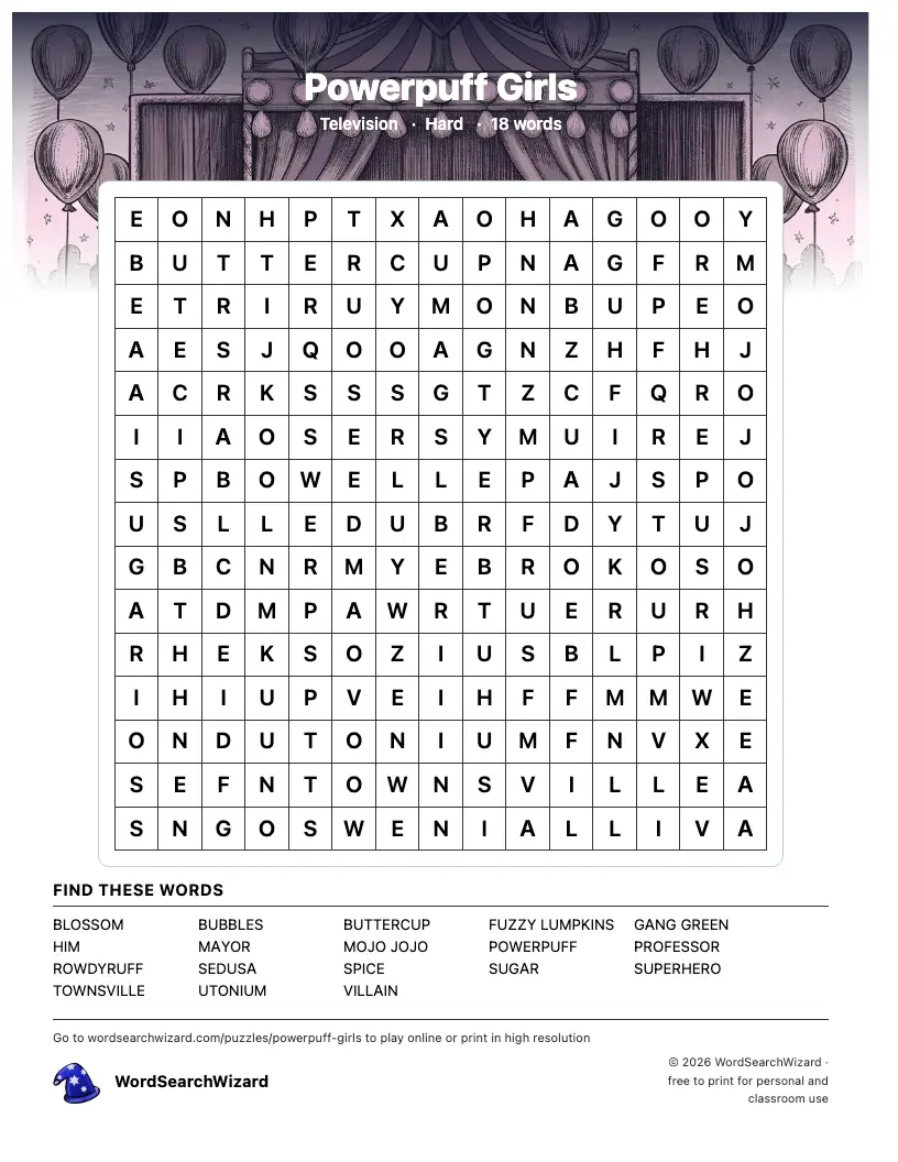 Powerpuff Girls word search printable sheet, 18 words to find