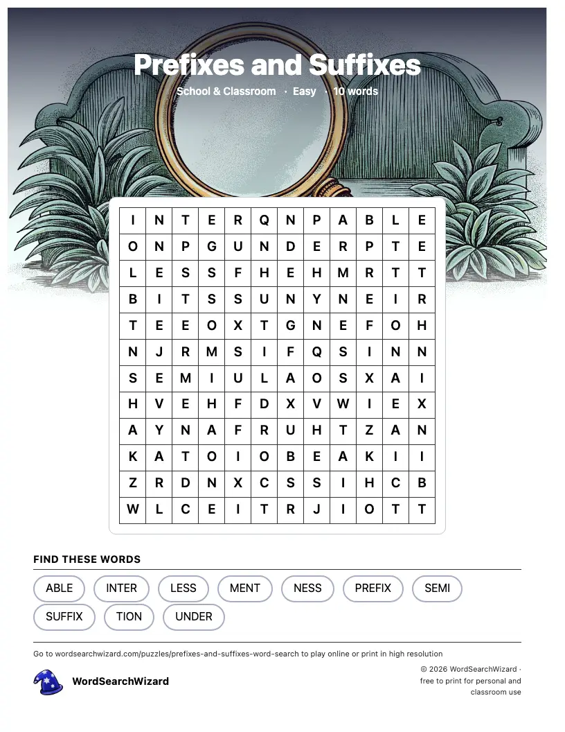 Prefixes and Suffixes word search printable sheet, 10 words to find