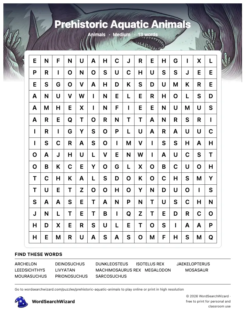 Prehistoric Aquatic Animals word search printable sheet, 13 words to find