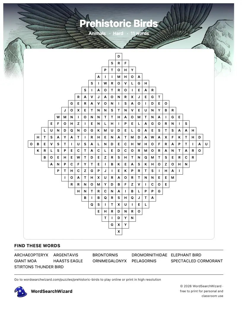 Prehistoric Birds word search printable sheet, 11 words to find