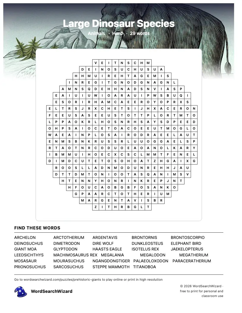 Large Dinosaur Species word search printable sheet, 29 words to find