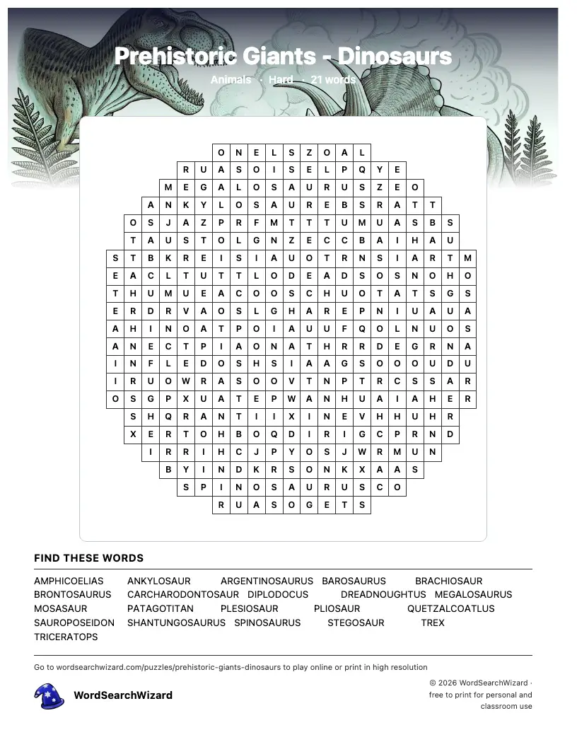 Prehistoric Giants - Dinosaurs word search printable sheet, 21 words to find