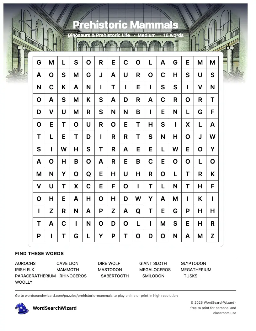 Prehistoric Mammals word search printable sheet, 16 words to find