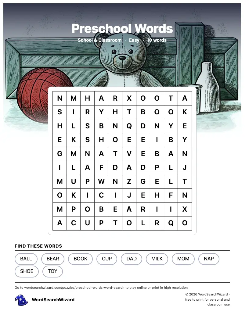 Preschool Words word search printable sheet, 10 words to find