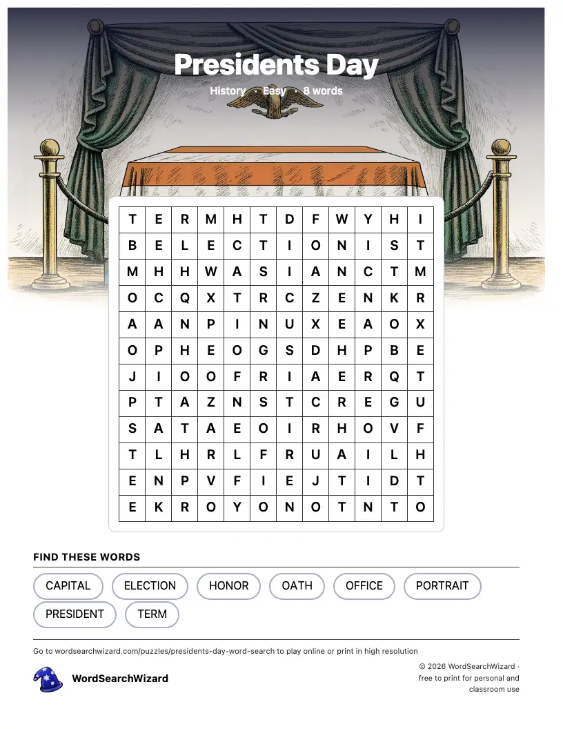 Presidents Day word search printable sheet, 8 words to find