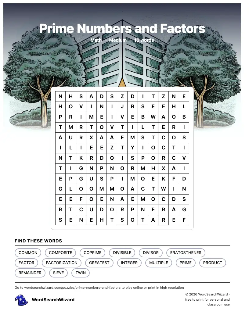 Prime Numbers and Factors word search printable sheet, 16 words to find