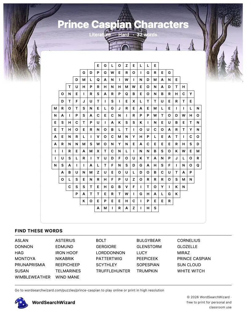 Prince Caspian Characters word search printable sheet, 32 words to find