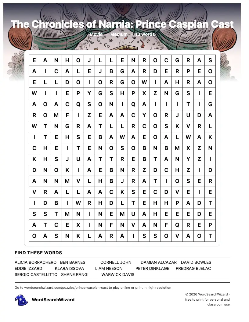 The Chronicles of Narnia: Prince Caspian Cast word search printable sheet, 13 words to find