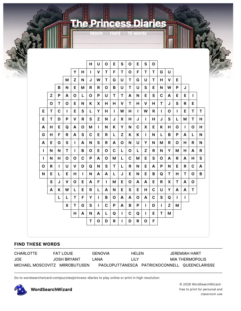 The Princess Diaries word search printable sheet, 15 words to find