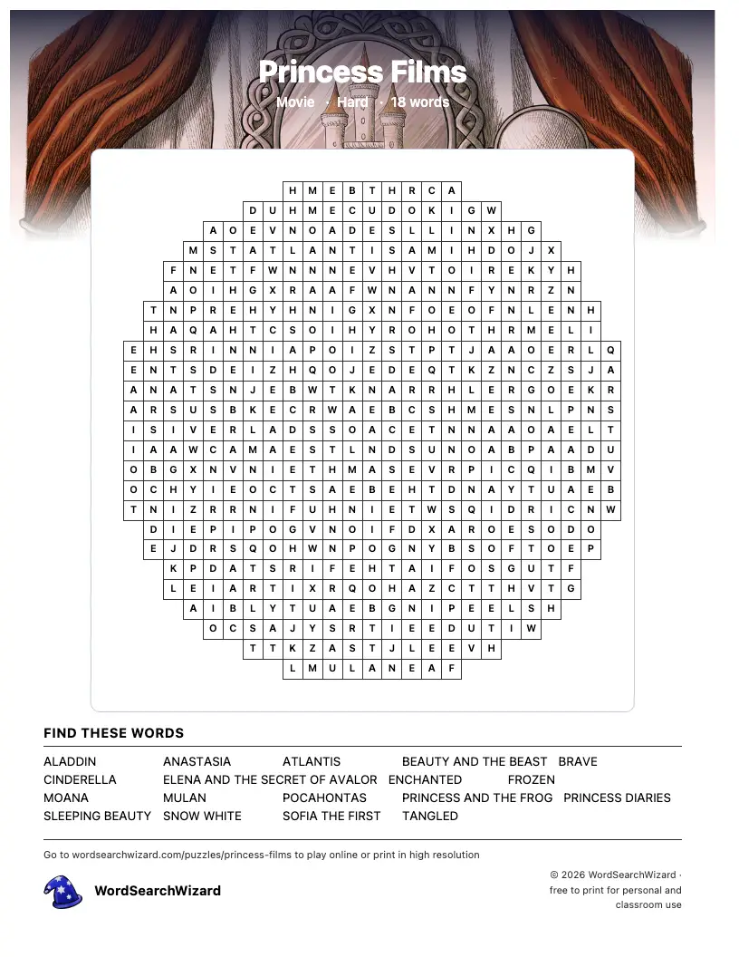Princess Films word search printable sheet, 18 words to find