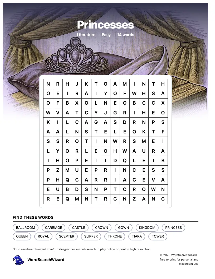 Princesses word search printable sheet, 14 words to find