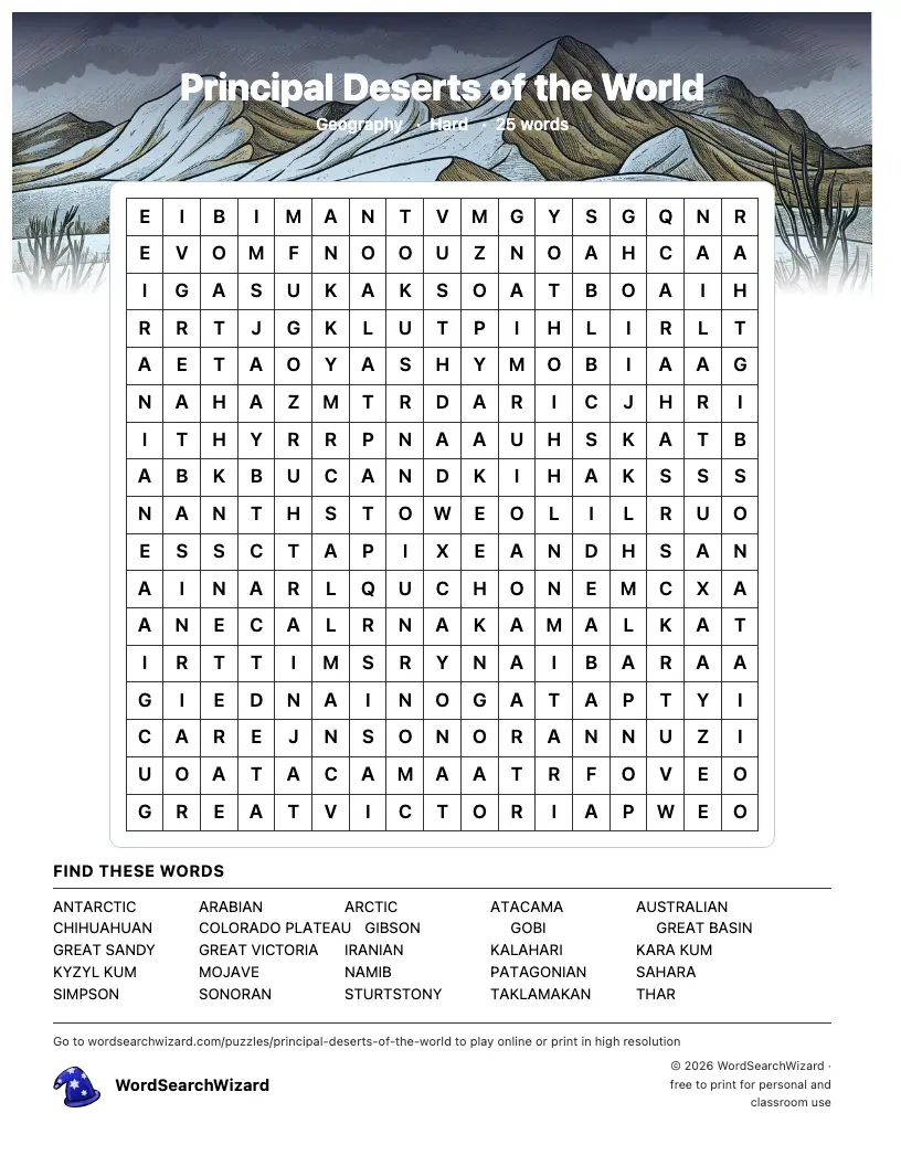 Principal Deserts of the World word search printable sheet, 25 words to find