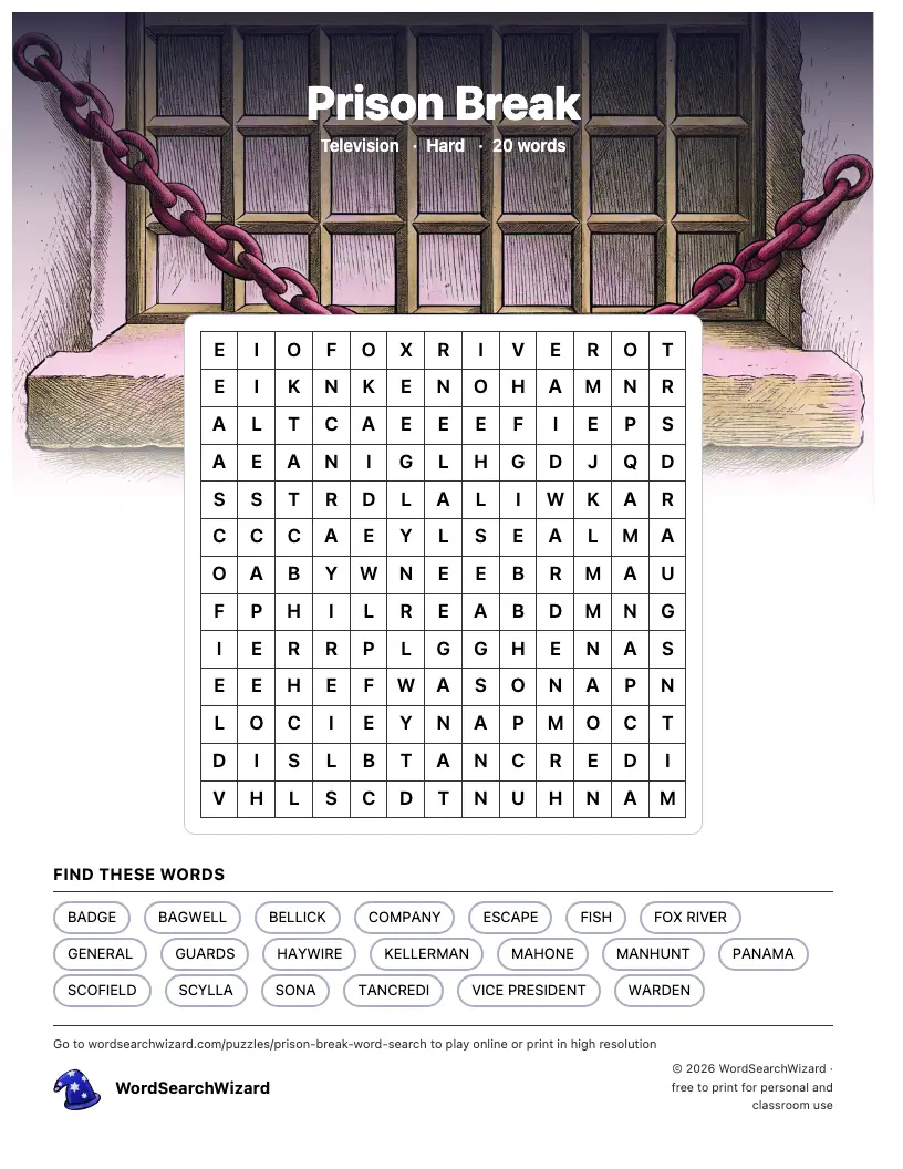 Prison Break word search printable sheet, 20 words to find