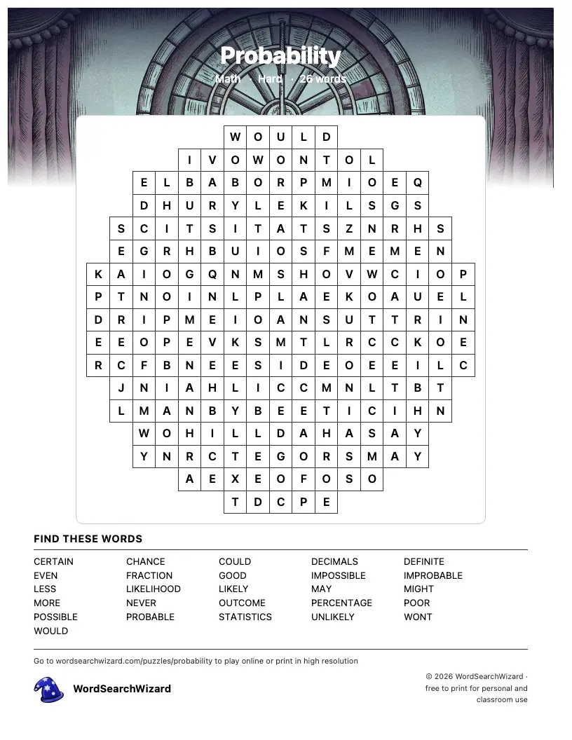 Probability word search printable sheet, 26 words to find