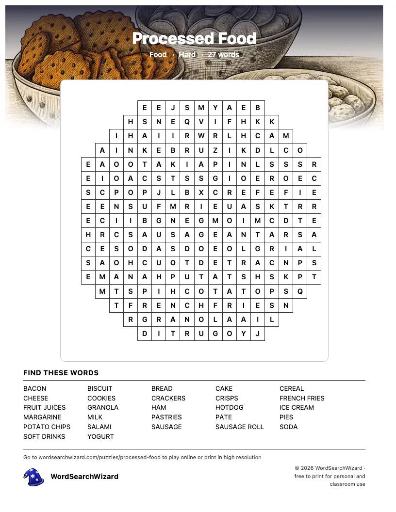 Processed Food word search printable sheet, 27 words to find