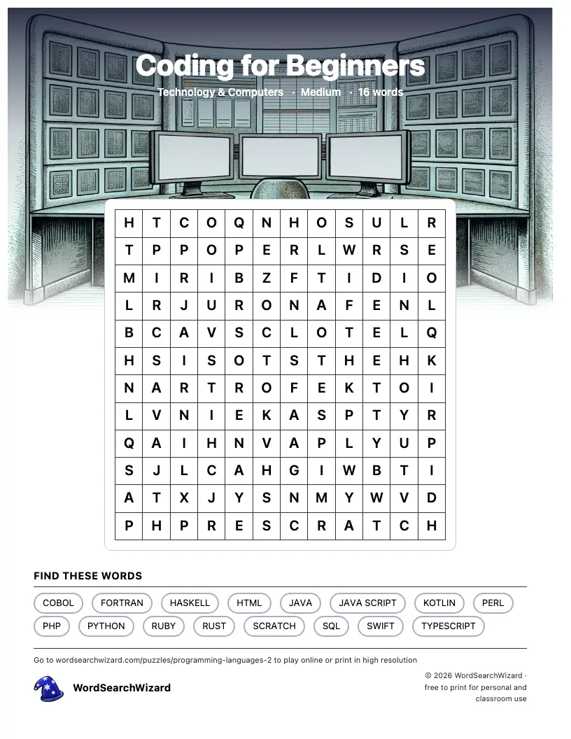 Coding for Beginners word search printable sheet, 16 words to find