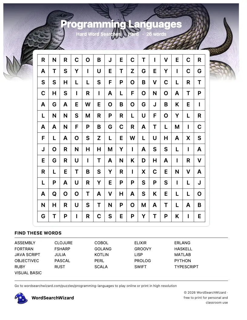 Programming Languages word search printable sheet, 26 words to find