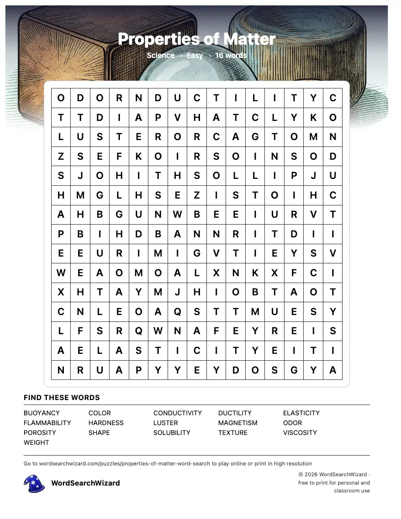 Properties of Matter word search printable sheet, 16 words to find