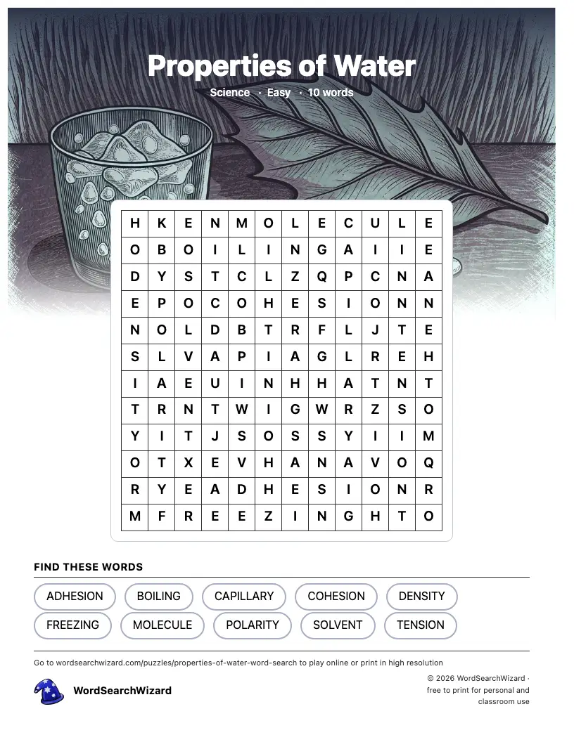 Properties of Water word search printable sheet, 10 words to find