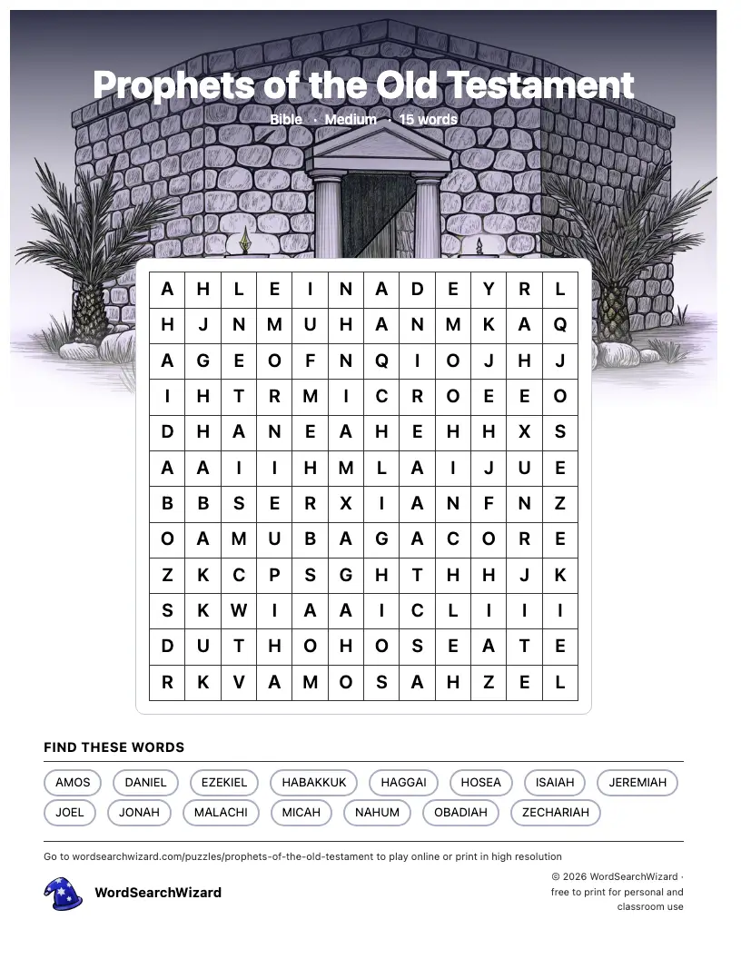 Prophets of the Old Testament word search printable sheet, 15 words to find