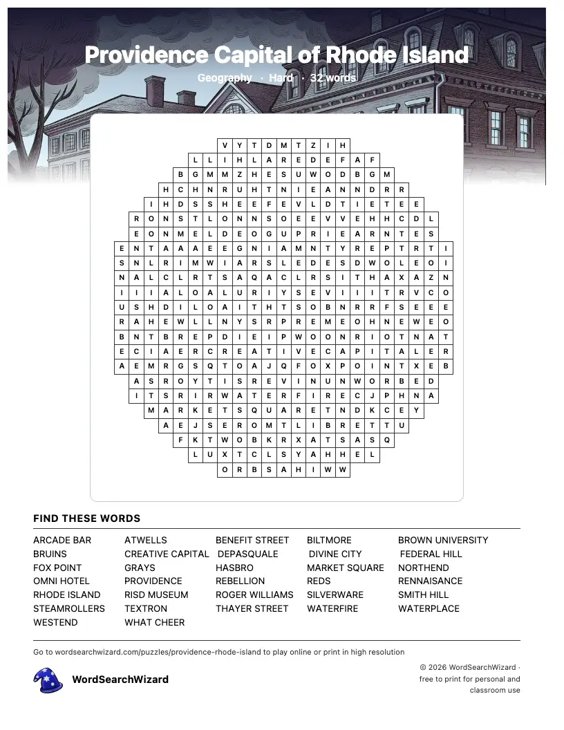 Providence Capital of Rhode Island word search printable sheet, 32 words to find